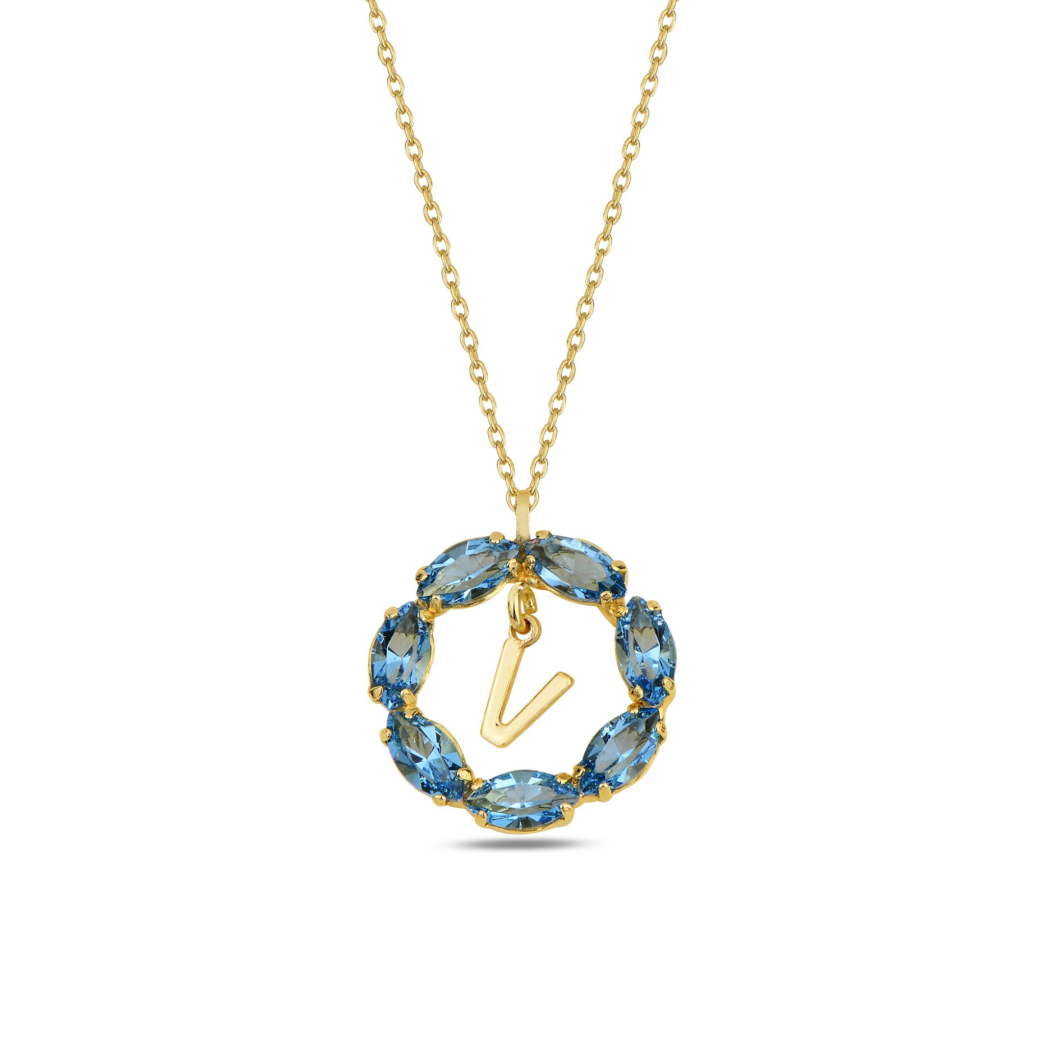 NEPTUN BLUE GOLD SWAROVSKI V LETTER NECKLACE