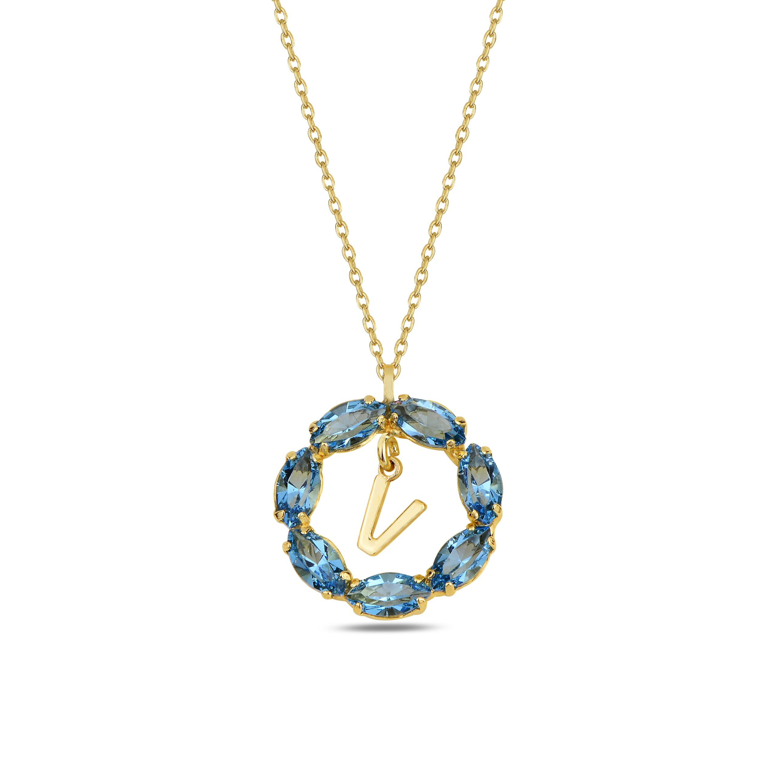 NEPTUN BLUE GOLD SWAROVSKI V LETTER NECKLACE