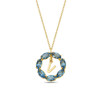 NEPTUN BLUE GOLD SWAROVSKI V LETTER NECKLACE