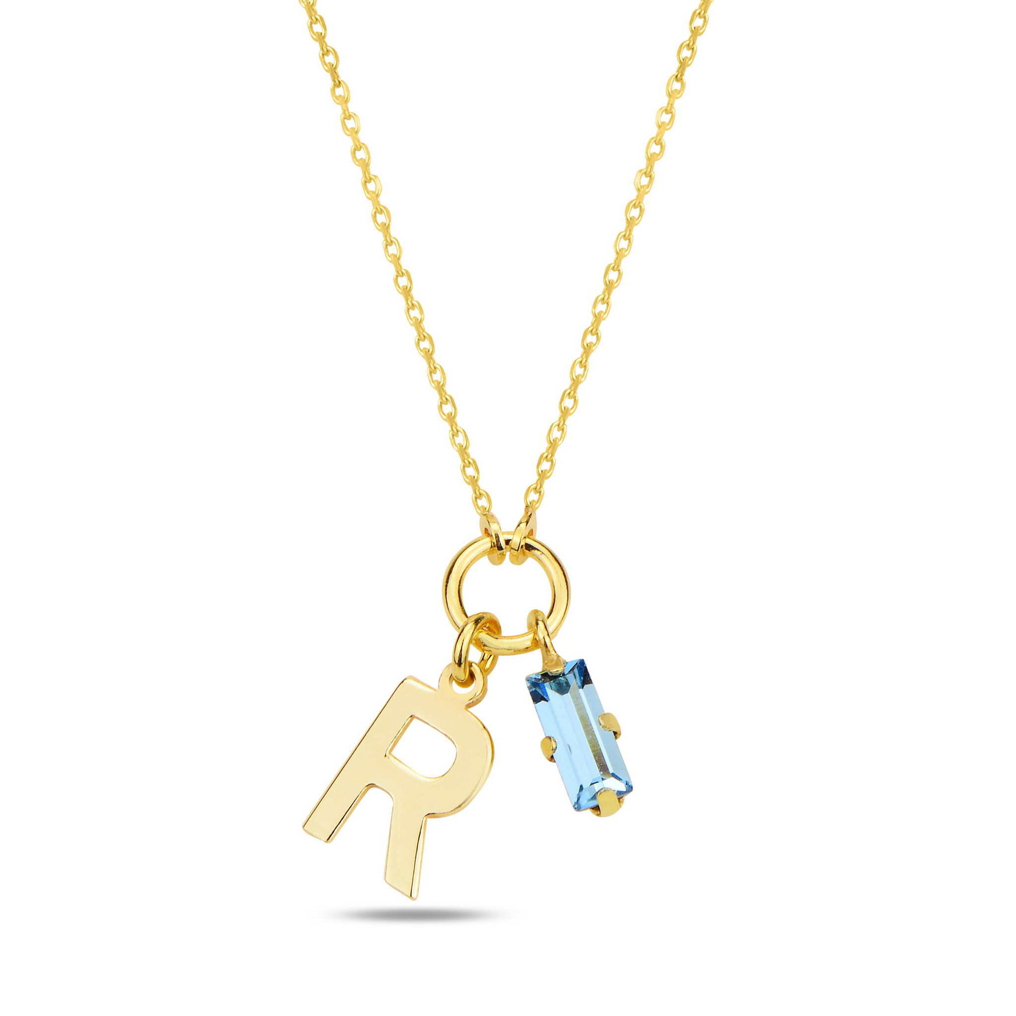 SPES BLUE GOLD SWAROVSKI R LETTER NECKLACE