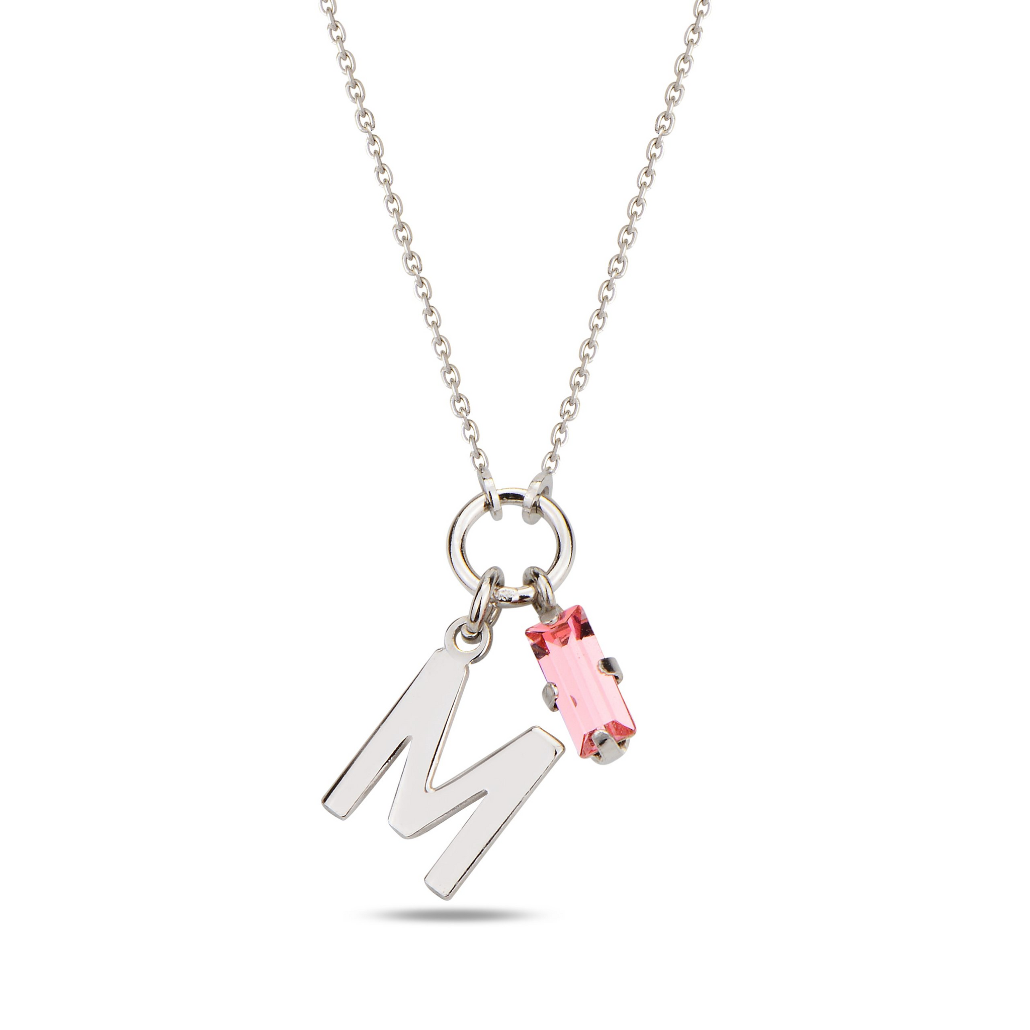 SPES PINK SILVER SWAROVSKI M LETTER NECKLACE